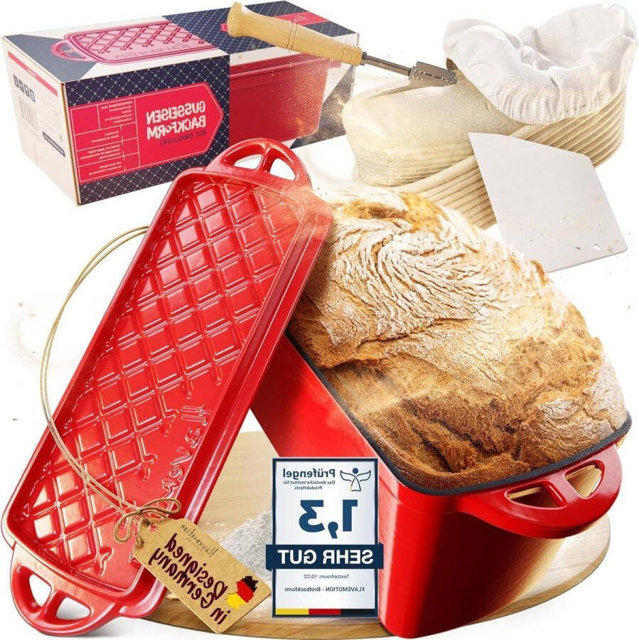 Broodbakvorm met deksel complete set fermandje bakmes deegkaart starterrecept gietijzeren pan ovenschaal braadpan Dutch Oven rood geëmailleerd