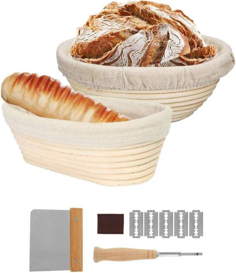 Broodmandje van bamboe voor brood 2 stuks rond ovaal met linnen inzetstuk deegschraper en broodmes