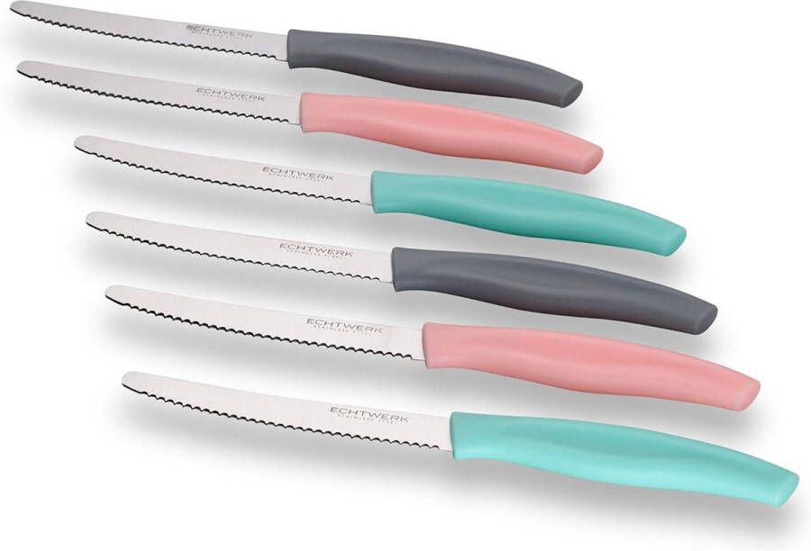 Broodmes broodjesmes ontbijtmes 6 stuks van roestvrij staal met gekarteld handvat van kunststof 2 x roze 2 x grijs 2 x turquoise