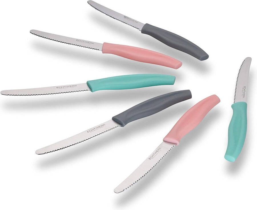 Broodmes handig ontbijtmes 6 stuks van roestvrij staal met gekartelde rand geschikt voor broodjes baguette vaste vruchten en cake ergonomische handgreep van kunststof kleurrijk