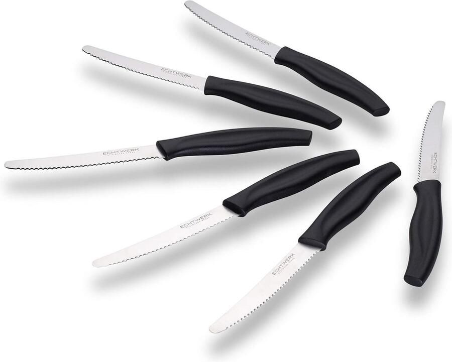 Broodmes handig ontbijtmes 6 stuks van roestvrij staal met gekartelde rand geschikt voor broodjes baguette en cake ergonomische handgreep van kunststof zwart