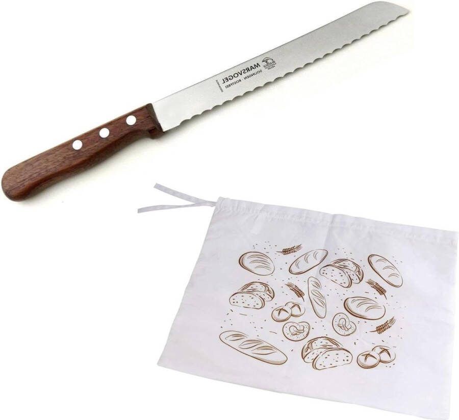 Broodmes met Bubingahouten handvat inclusief broodzak van katoen met as Made in Solingen