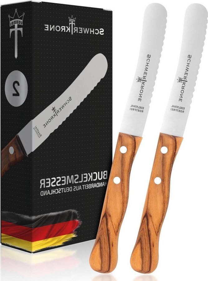 Broodmes met gekarteld houten handvat olijfhout set van 2 stuks