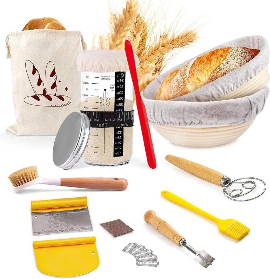 Broodset 2 rijsmandjes zuurdeeg starterset bakaccessoires 23 cm rond en 25 cm ovaal beginnersset
