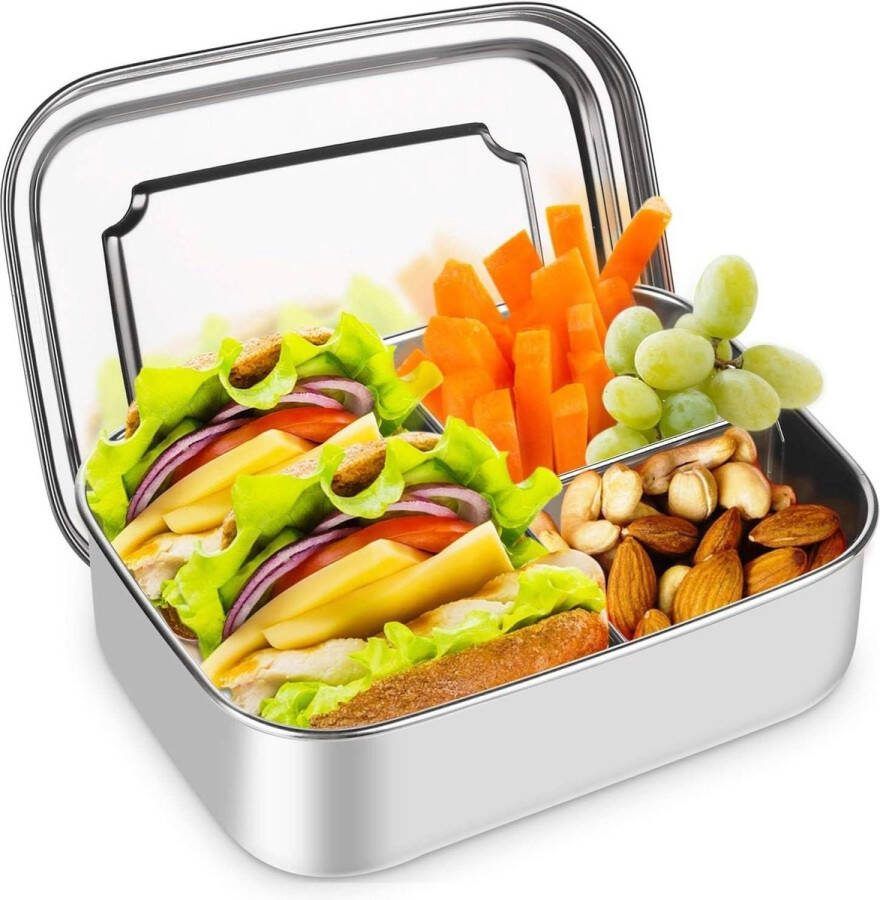 Broodtrommel 1400 ml roestvrijstalen lunchbox met 3 vakken bento box snackbox voor kinderen en volwassenen