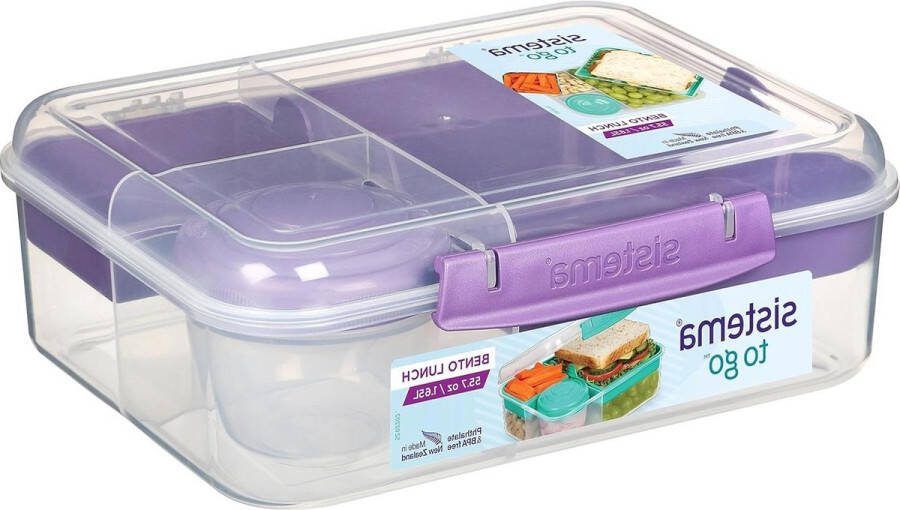 Broodtrommel 165 liter school broodtrommel met vakken en snackpan BPA-vrij mistig paars