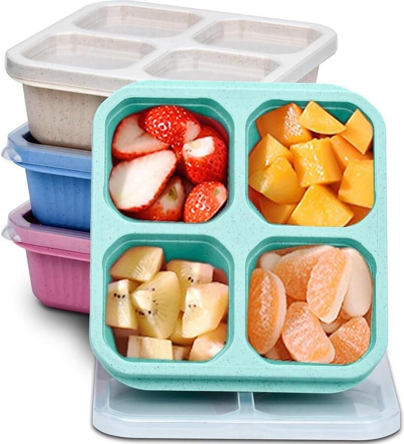 Broodtrommel 4 stuks snackbox met 4 vakken bento box voor kinderen en volwassenen met deksel 4 kleuren keuken koelkast magnetron picknick school reizen camping