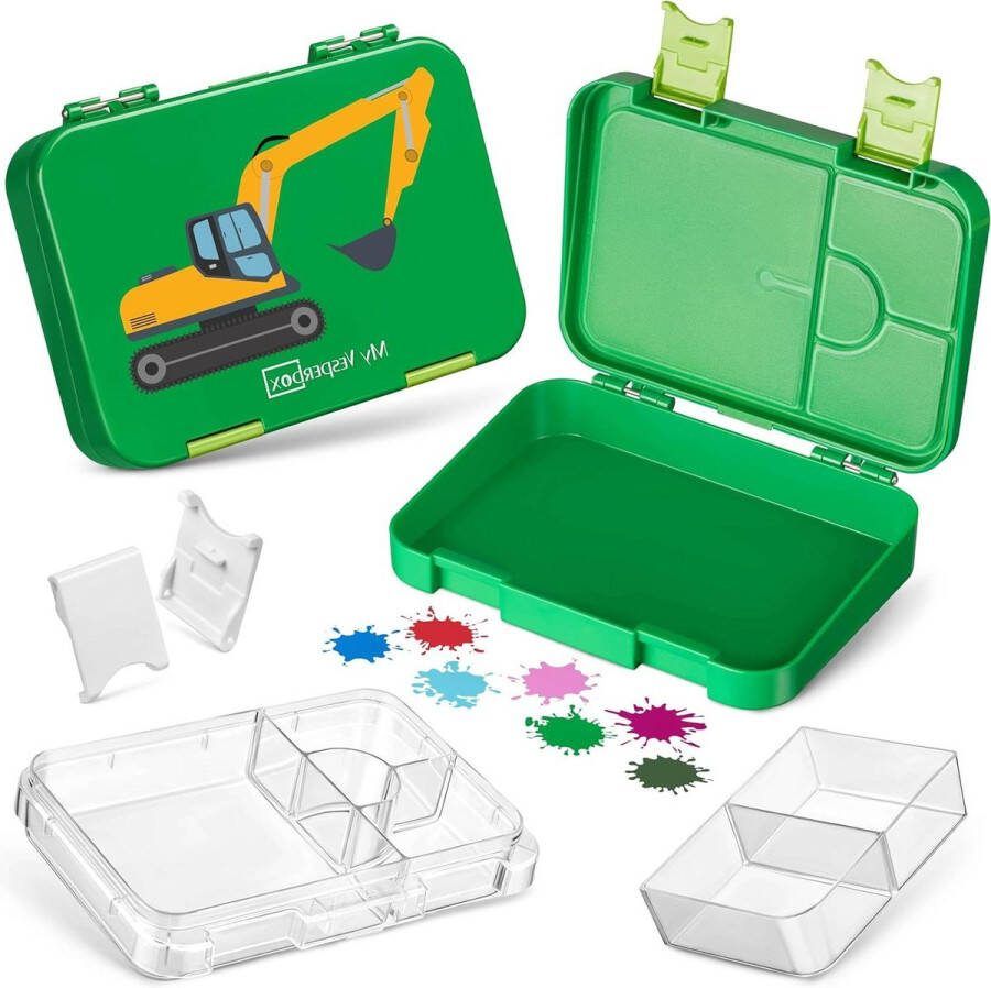 Broodtrommel Bento Box lunchbox voor kinderen met 4 + 2 compartimenten extreem sterke ideaal voor kinderopvang en op school groen graafmachine