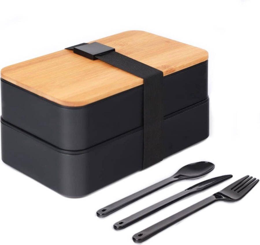 Broodtrommel Japanse Bento Box met 3-delige bestek lunchdoos met vakken en bamboedeksel voor school en werk kinderen en volwassenen