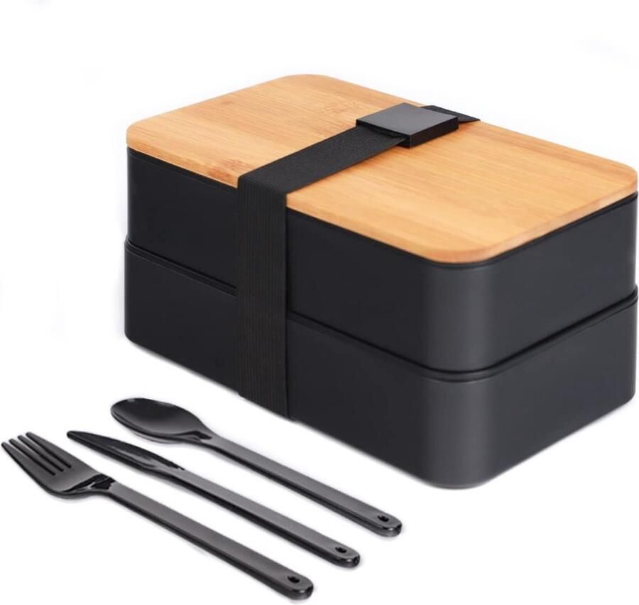 Broodtrommel Japanse Stijl Incl. Lepel Mes & Vork BPA-Vrij Vaatwasmachinebestendig Magnetronbestendig Bamboe Lunchbox Broodtrommels School Kantoor Kinderen Zwart