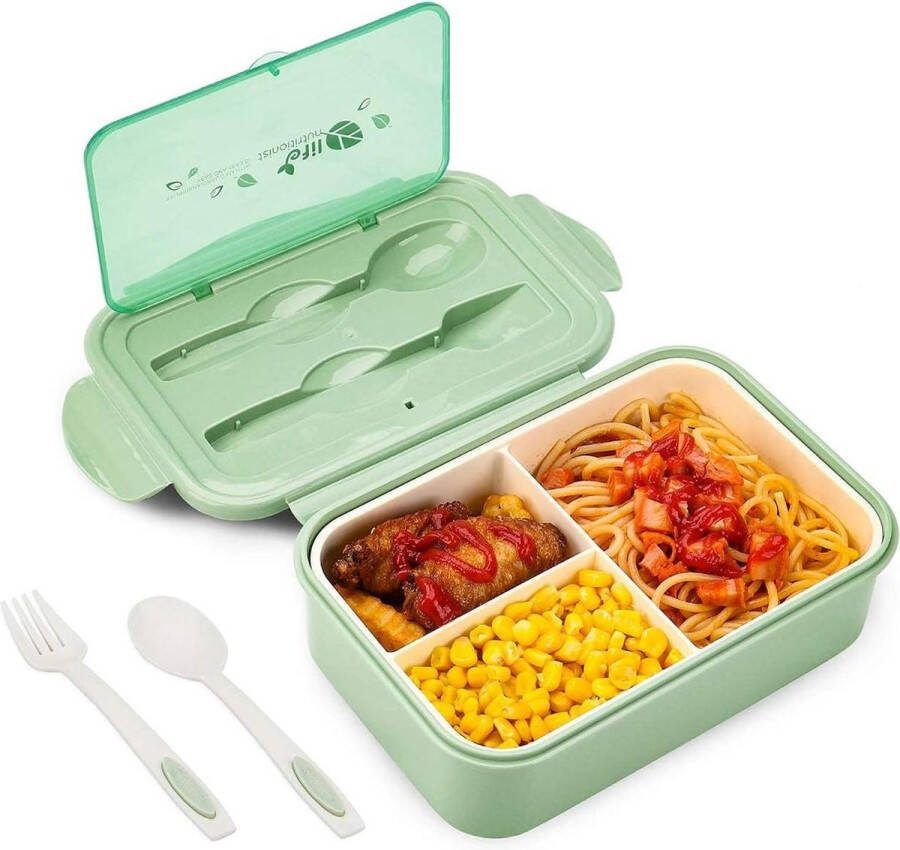 Broodtrommel lekvrije lunchbox voor kinderen en volwassenen bento lunchbox met bestek 3 vakken voedselcontainer BPA-vrij magnetron- en vaatwasmachinebestendig groen