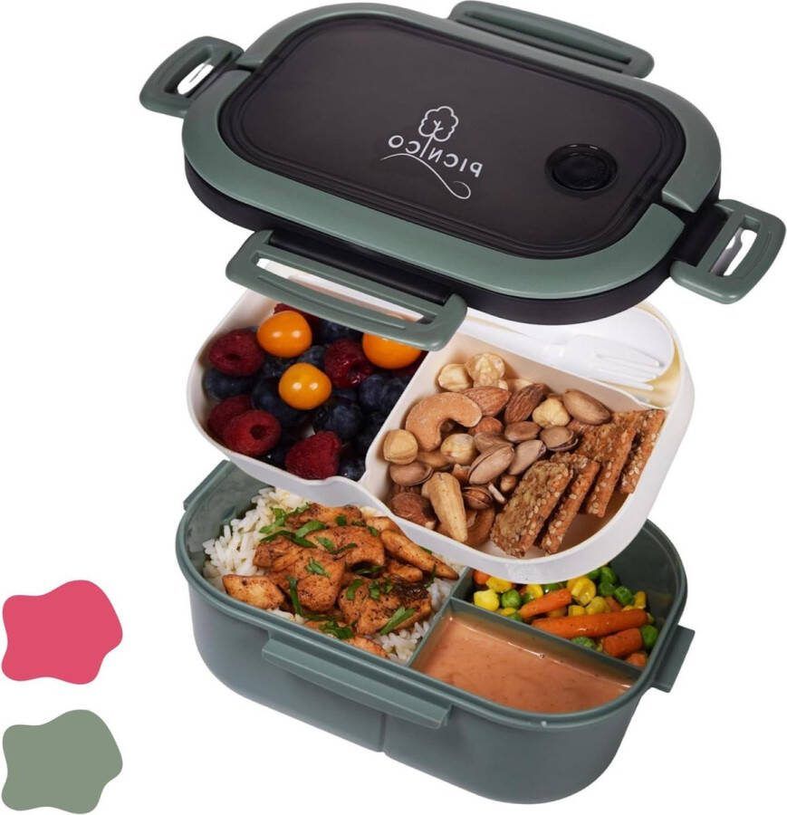 Broodtrommel lunchbox met compartimenten Voor kinderen en volwassenen Inclusief lepel en vork Snackdoosje groen