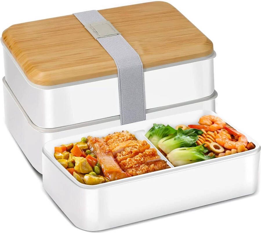 Broodtrommel met vakken 1400 ml lunchbox met lepel en vork voor kinderen volwassenen lunchbox voor het vervoer van maaltijden broodtrommel magnetronbestendig (wit)