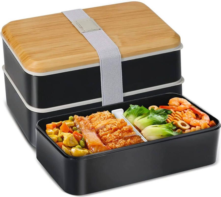 Broodtrommel met vakken 1400 ml lunchbox met lepel en vork voor kinderen volwassenen lunchbox voor het vervoer van maaltijden broodtrommel magnetronbestendig zwart