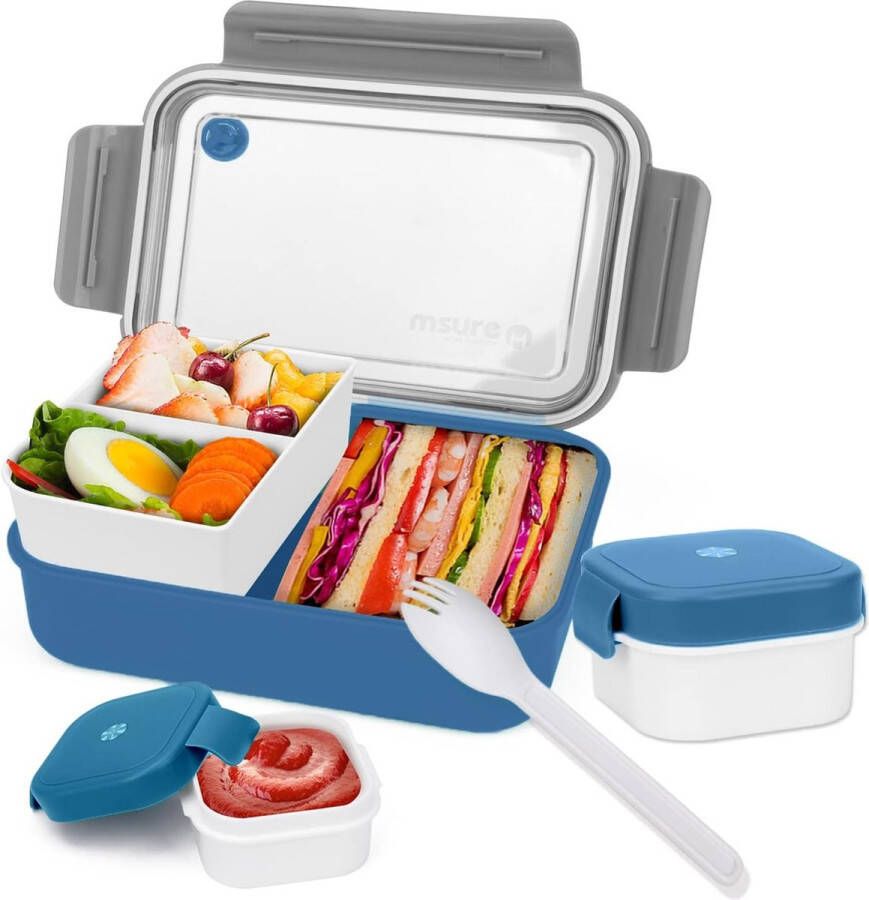 Broodtrommel met vakken 1500 ml lunchbox voor volwassenen kinderen snackbox met bestek en klein blikje bestendige broodtrommel met onderverdeling bentobox voor school werk picknick reizen (blauw)