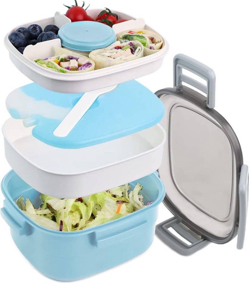 Broodtrommel met vakken 1600 ml broodtrommel voor kinderen en volwassenen slacontainer slabox lekvrij bento box snackbox met 4 vakken slakom voor school kantoor BPA-vrij