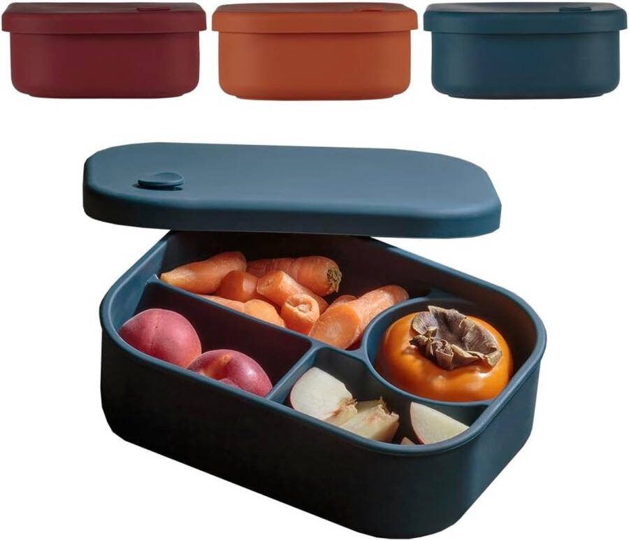 Broodtrommel met vakken voor kinderen en volwassenen van biologische siliconen waterdichte sluiting kleur blauw lunchbox bento box voor kleuterschool school uitstapjes duurzaam en