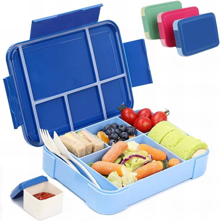 Broodtrommel voor kinderen met vakken 1330 ml lunchbox voor kinderen bento box lekvrij met 6 vakken bestekset lunchbox ontbijtbox voor meisjes en jongens blauw