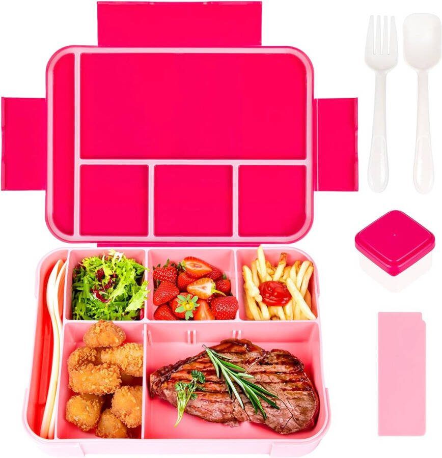Broodtrommel voor kinderen met vakken 1330 ml lunchbox voor kinderen lekvrij snackbox met 6 vakken bestekset BPA-vrij bento box voor volwassenen magnetronbestendig voor school werk