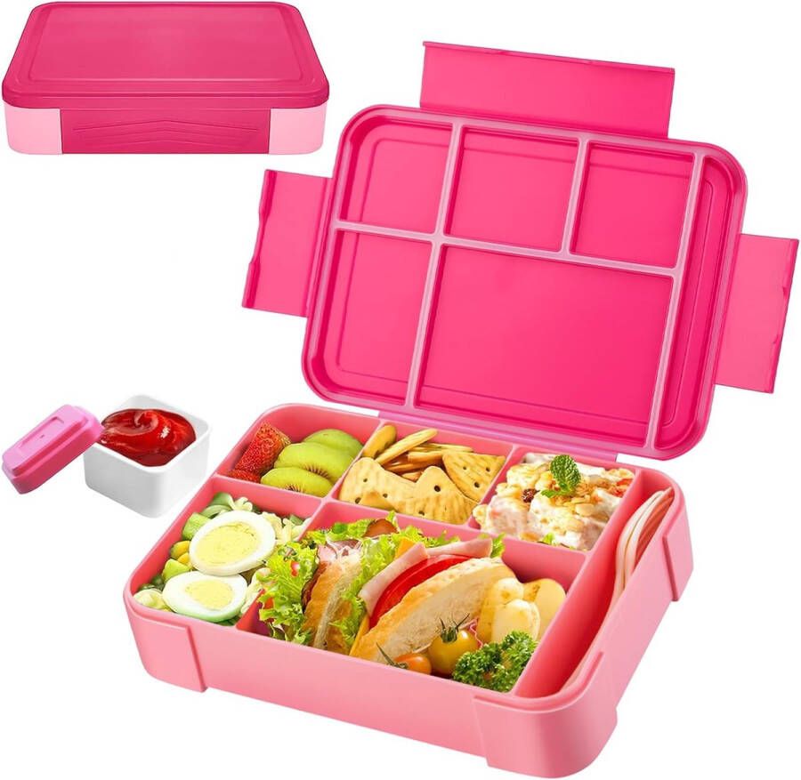 Broodtrommel voor kinderen met vakken 1330 ml lunchbox voor kinderen met 6 onderverdelingen en een aparte sausbox BPA-vrije bentobox perfect voor kleuterschool en school (roze)