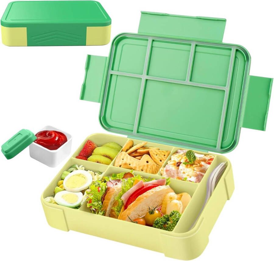 Broodtrommel voor kinderen met vakken 1330 ml lunchbox voor kinderen met 6 onderverdelingen en een aparte sausbox BPA-vrije bentobox perfect voor kleuterschool en school (groen)