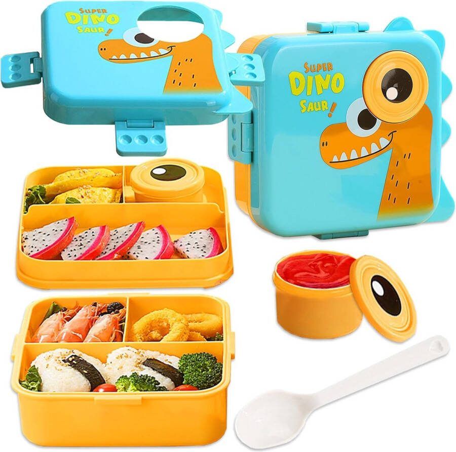 Broodtrommel voor kinderen met vakken Bento Box voor kinderen dinosaurus lunchbox snackbox met sauslepel lekvrij veilige lunchbox voor magnetron vaatwasser kleuterschool school