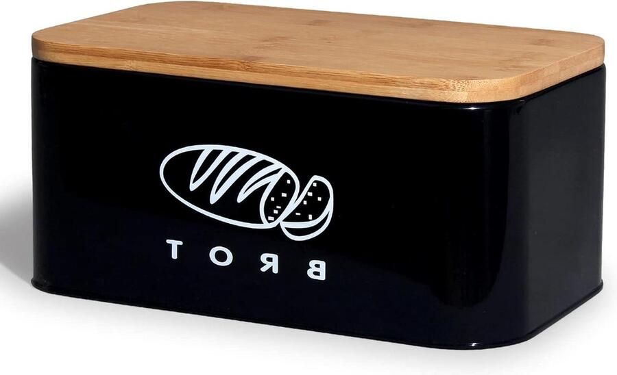 Broodtrommel zwart 30 cm x 18 cm x 14 cm Bamboe deksel Ruime metalen trommel Lang vers houden
