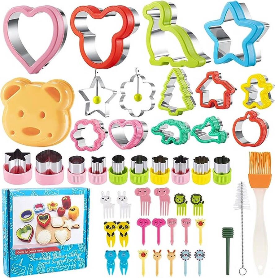 Brooduitsteekvormen voor kinderen 48 stuks uitsteekvormen van roestvrij staal Bento Box accessoires voor cake koekjes fruit sandwich groentesnijderset met tandenstoker en borstel