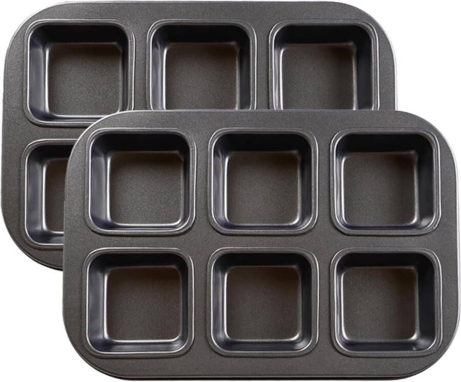 Brownie bakvorm 2 stuks brownievorm 6-gaats met antiaanbaklaag koolstofstaal taartvorm vierkant muffinplaat voor mousse cake brood (26 7 x 18 7 cm)