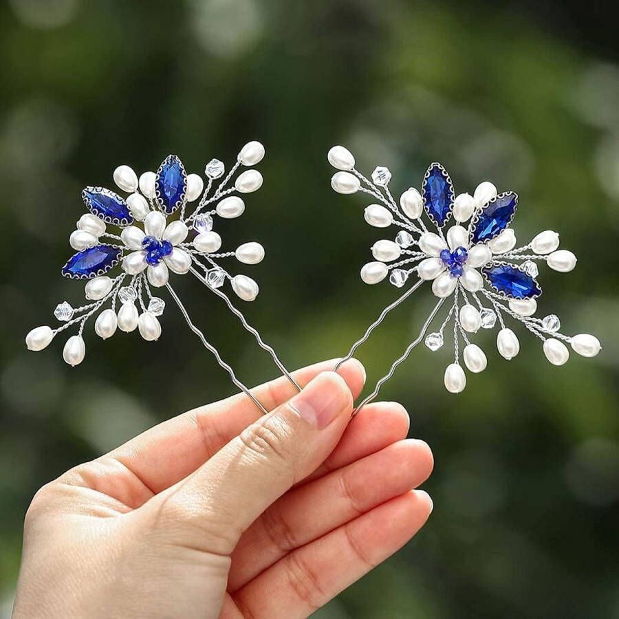 Bruids Bruiloft 2x stuks Parel Haarspelden Zilver Blauw Kristal Haarstukje Bruid Haaraccessoires voor Vrouwen en Meisjes
