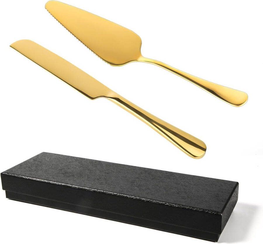 Bruidstaartmessenset Roestvrij Staal Taartsnijset Luxe Bruidstaartmes en Serveerset voor Bruiloft Verjaardag Feest Set van 2 (Goud) Taartsnijder