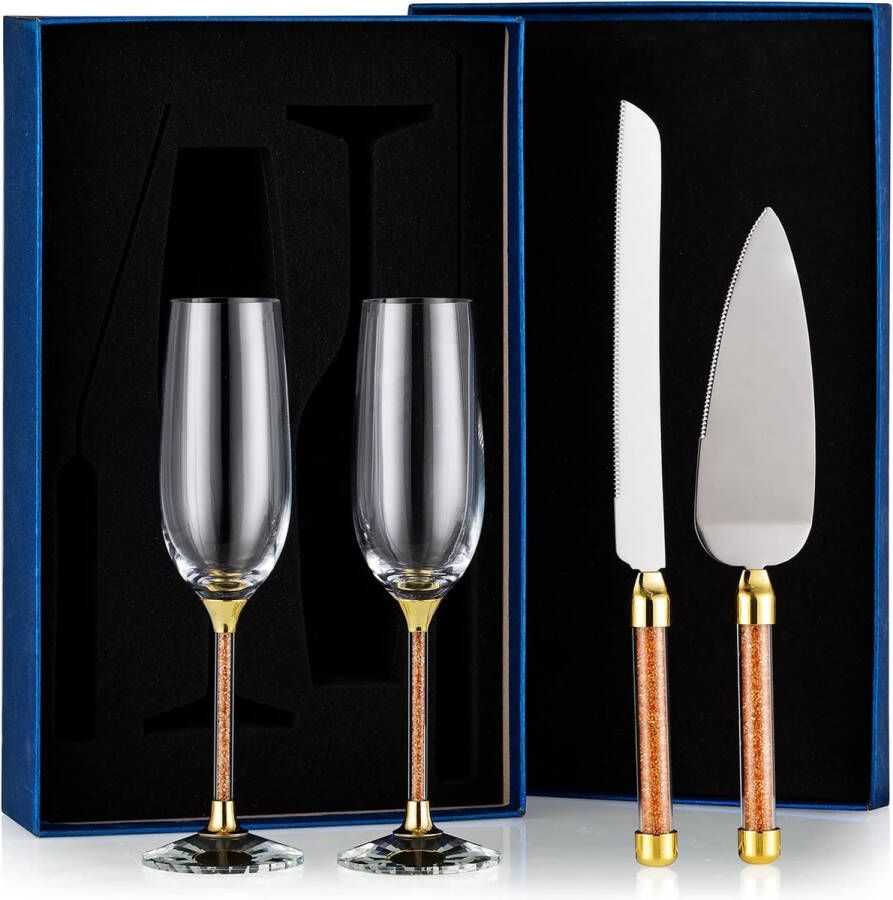 Bruiloft Champagneglazen en Cakemes en Serverset Deluxe Met Strass Gevulde Toastfluitenset Voor Meneer en Mevrouw Voor Verloving Bruidsdouche Huwelijksreceptie Jubileum Goud