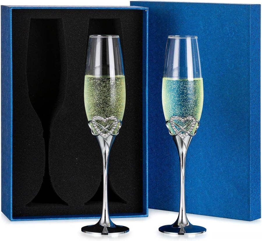 Bruiloft champagneglazen voor bruid en bruidegom kristal: set van 2 gepersonaliseerde champagneglazen wijnglazen van kristalglas voor cadeaus voor bruid en bruidegom zilver dames feest bruidsborrels