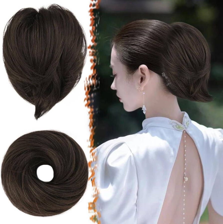 Bruin Haar Knot Extension Korte Rechte Paardenstaart Synthetische Haarextensies Elastische Bun Haar Scrunchie Donker Bruin Gemengd