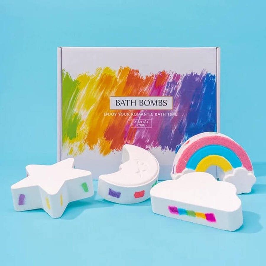 Bruisballen Regenboog Bruisballen Met 4 verschillende Vormen XL Formaat Bath Bombs Badbommen Badballen Vegan Maan Ster Regenboog en Wolk met Levendige Kleuren Inclusief Cadeauverpakking