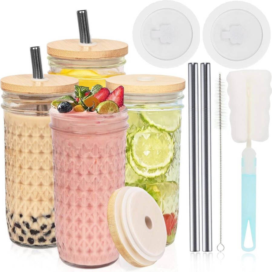 Bubble Tea Beker met Deksel en Rietje Drinkbeker 730 ml Set van 4 Herbruikbare Mason Jars Cocktailglas IJskoffiebekers voor Milkshakes Smoothies Bieren