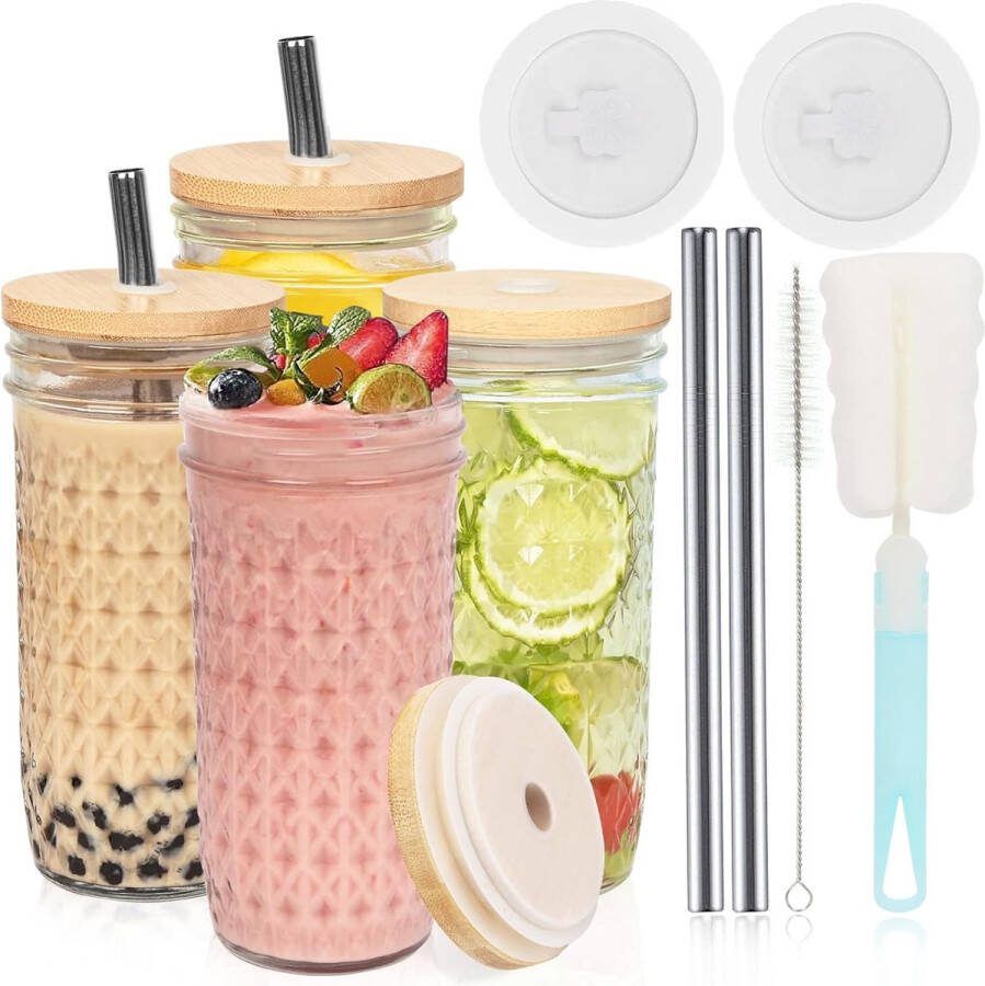 Bubble Tea beker met deksel en rietje drinkbeker 730 ml set van 4 herbruikbare Mason Jars cocktailglas ijskoffie voor milkshakes smoothies en bier
