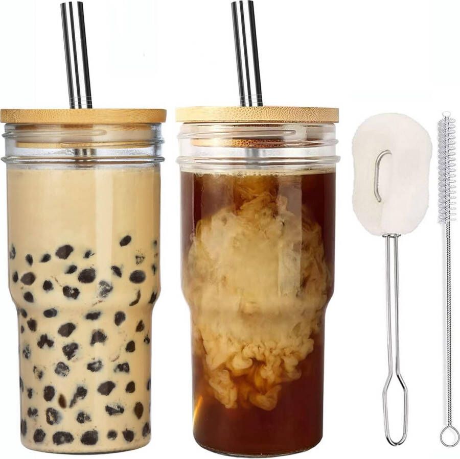 Bubble Tea Cups Set van 2 glazen bekers van 650 ml herbruikbare smoothiebeker boba-beker reisfles brede hals met afdekkingen en roestvrijstalen rietjes