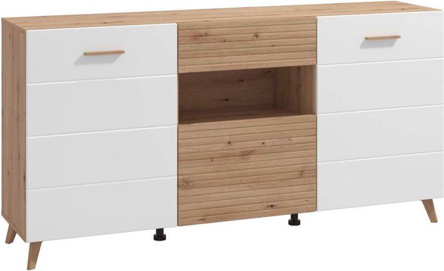 Buffetkast met 3 deuren 1 lade en 1 nis van mdf Licht naturel en wit EZGI L 173 cm x H 87.3 cm x D 41.6 cm