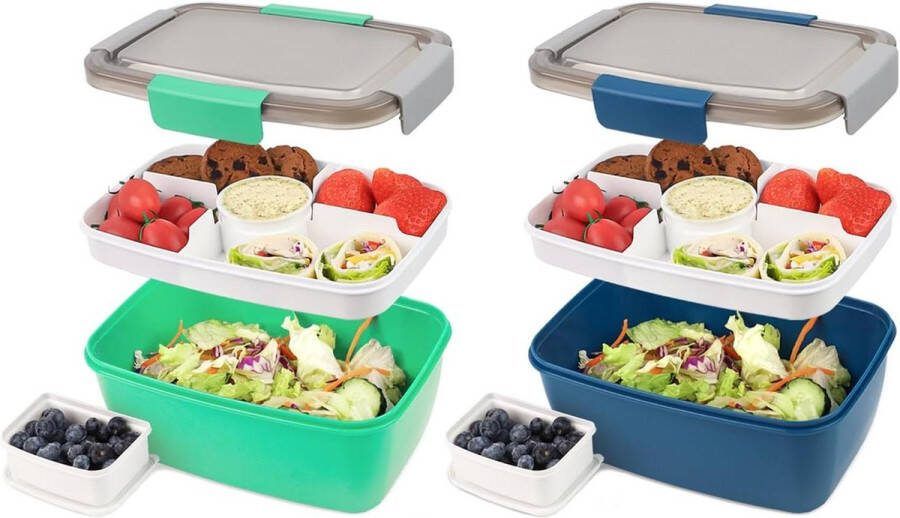 Bugucat Lunchbox 2 Set 2000ML Saladecontainer voor kinderen en volwassenen Lekvrije Bentobox met 4 Compartimenten