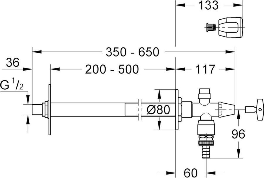 Buitenkraan Vorstvrije Eurotec bouwpakket buitenwandventiel-bescherming verdraaiing HD 170-500 mm chroom 41206000 Buitenkraan Vorstvrije