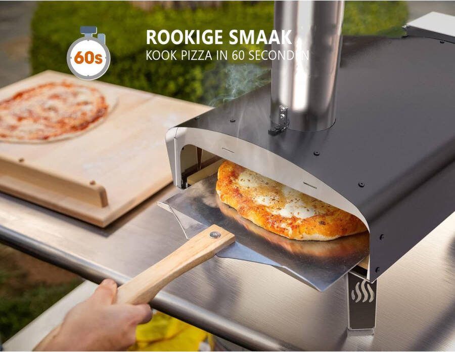 Buitenoven op hout en pellets zwarte coating klassieke W-oven inclusief pizzasteen opvouwbare pizza schil voor in de tuin