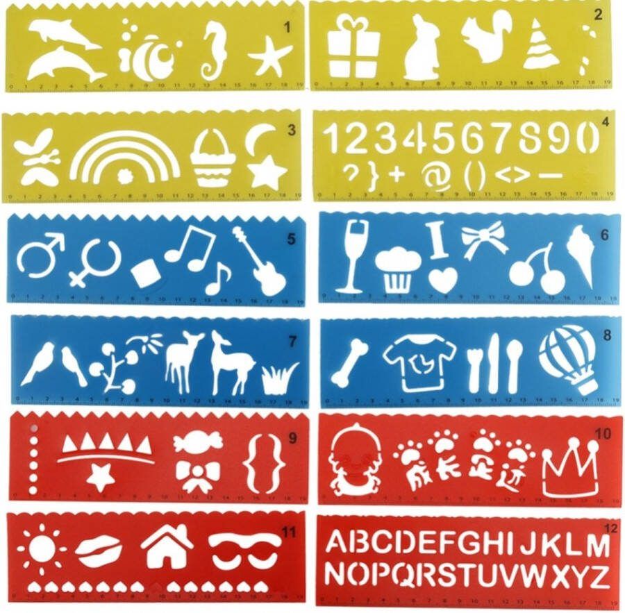 Bullet Journal Flexibele Plastic Stencils 12 stuks Templates Dieren Hobby Hobbies Letters Vakantie Cijfers Sjablonen 6 x 20cm Handlettering toolkit Knutselen Decoratie Accessoires