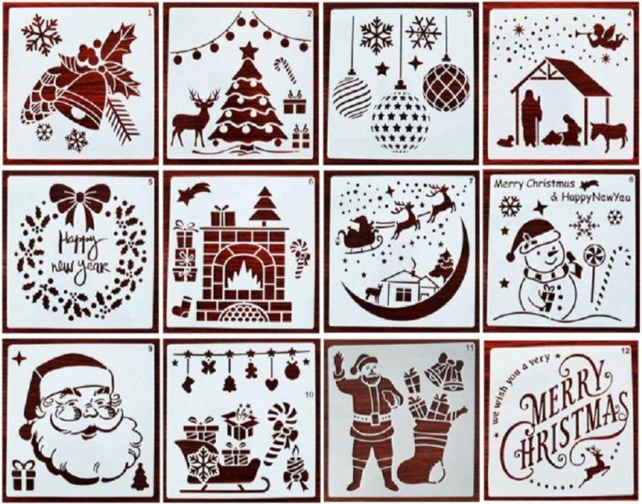 Bullet Journal Flexibele Plastic Stencils 12 stuks Templates Kerst Christmas Jingle Bells Let it snow Happy New Year Santa coming to town Haard Sneeuwpop Kerstboom Sneeuw Mix Sjablonen 15 x 15 cm Handlettering toolkit