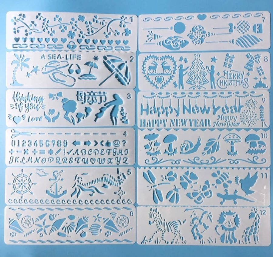 Bullet Journal Flexibele Plastic Stencils 12 stuks Templates n Merry Christmas Happy New Year Strand Zee Schelpen Bloemen Letters Dieren Sjablonen 5 8 x 20cm Handlettering toolkit Knutselen Decoratie