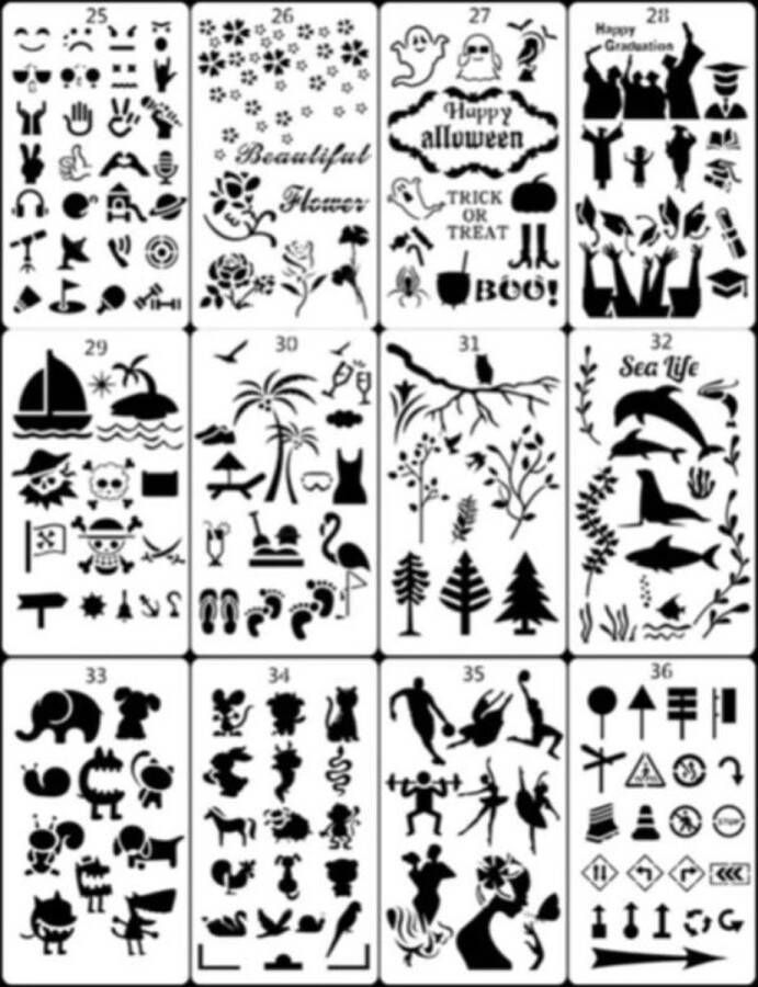Merkloos Sans marque Bullet Journal Plastic Stencils 12 stuks Templates Sjablonen 10 x 18 centimeter Handlettering toolkit Knutselen Decoratie Accessoires Halloween Dieren Sport Feest
