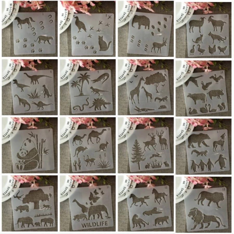 Merkloos Sans marque Bullet Journal Plastic Stencils 16 stuks Templates Dieren Mix Sjablonen 15 x 15 cm Handlettering toolkit Knutselen Decoratie Accessoires Dino Paard Kat Leeuw Panda Giraffe Olifant Kangaroe Kameel Aligator