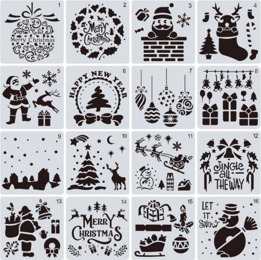 Bullet Journal Flexibele Plastic Stencils 16 stuks Templates Kerst Christmas Jingle Bells Let it snow Happy New Year Santa coming to town Haard Sneeuwpop Kerstboom Sneeuw Mix Sjablonen 15 x 15 cm Handlettering toolkit