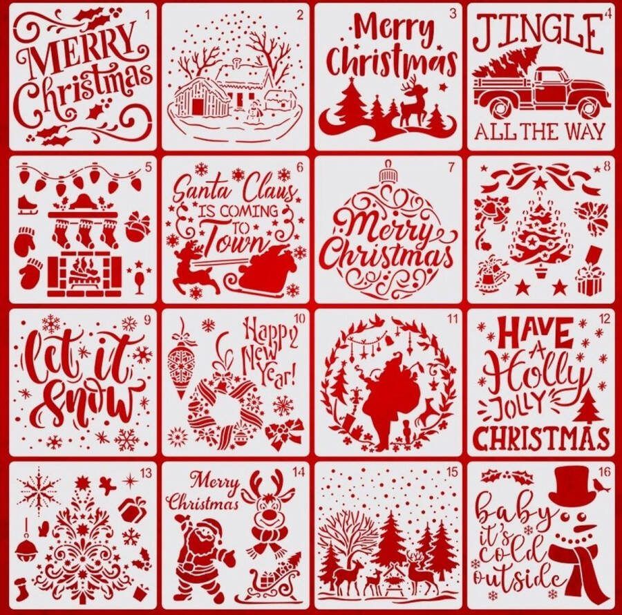 Merkloos Sans marque Bullet Journal Plastic Stencils 16 stuks Templates Kerst Christmas Jingle Bells Let it snow Happy New Year Santa is coming to town Haard Sneeuwpop Kerstboom Sneeuw Sjablonen 15 x 15 cm Handlettering toolkit Knutselen