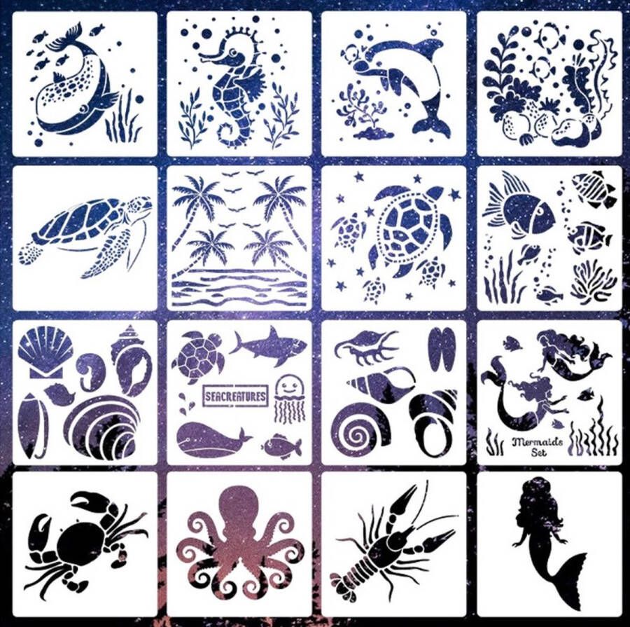 Merkloos Sans marque Bullet Journal Plastic Stencils 16 stuks Templates Zeedieren Mix Sjablonen 15 x 15 cm Handlettering toolkit Knutselen Decoratie Accessoires Walvis Dolfijn Schildpad Zeepaard Kwal Zeemeermin Octopus Kreeft Vissen